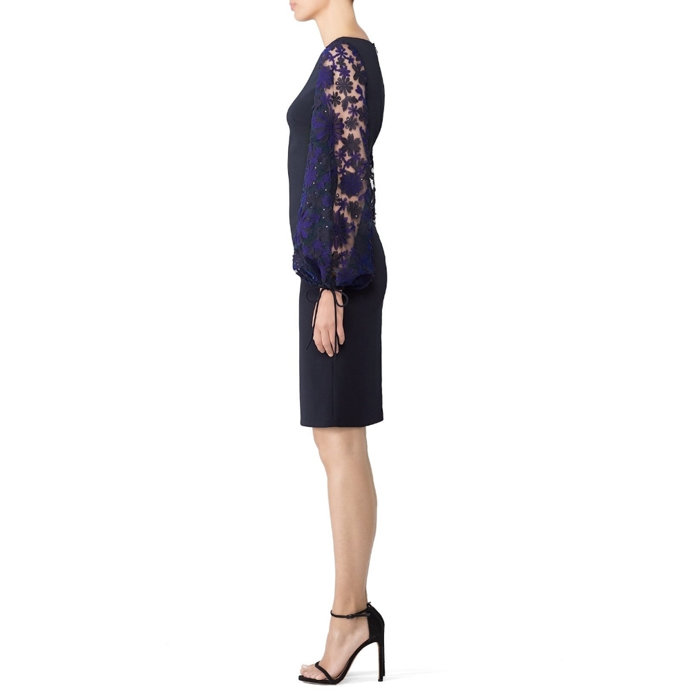 Badgley Mischka Boatneck Sheath Dress with Floral Puff Sleeves, Navy Blue Sz 14 - Picture 14 of 15